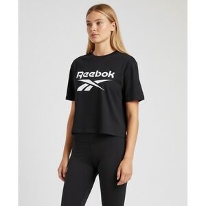 Reebok Women's Large Black Cropped Logo Graphic T-Shirt Tops Activewear
